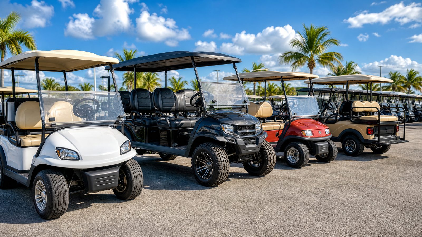 Row of used golf carts we buy across Florida