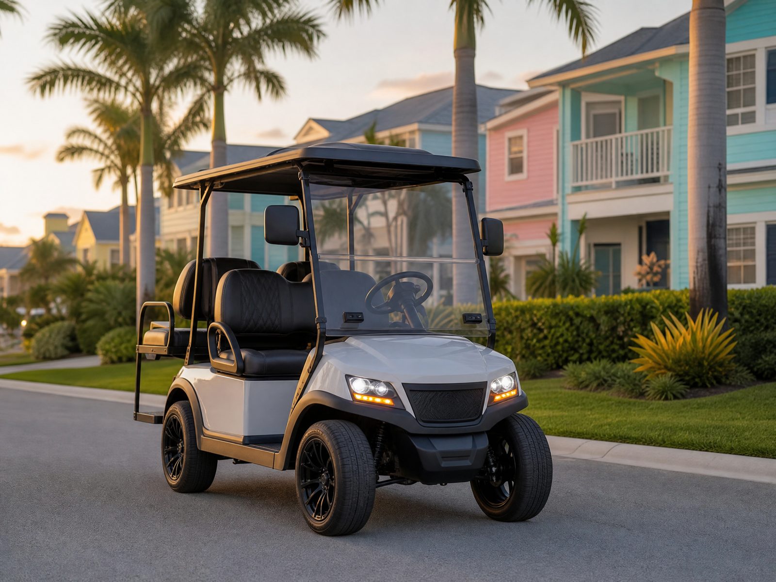 Street-legal LSV golf cart with lights and mirrors